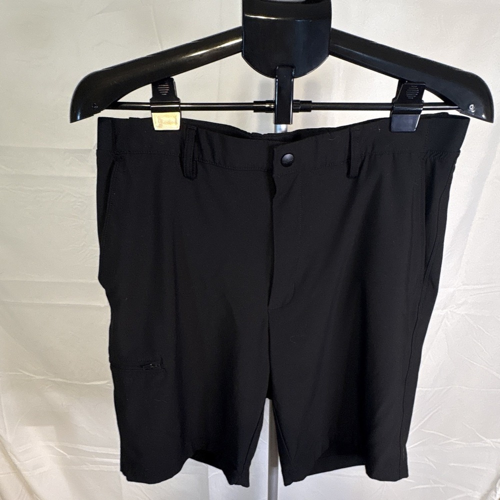 Greg Norman Mens Black Solid Chino Shorts Flat Front Button Knit Logo EUC